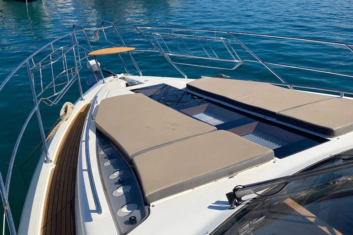 Deck of Gremix, a Galeon 550 Fly motor yacht at Grad Šibenik, Croatia