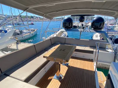 Deck of Gremix, a Galeon 550 Fly motor yacht at Grad Šibenik, Croatia