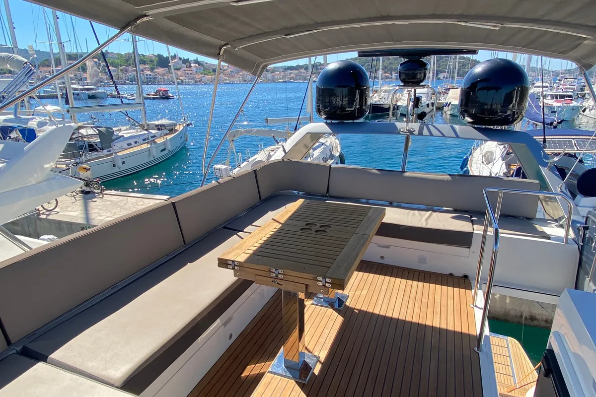 Deck of Gremix, a Galeon 550 Fly motor yacht at Grad Šibenik, Croatia