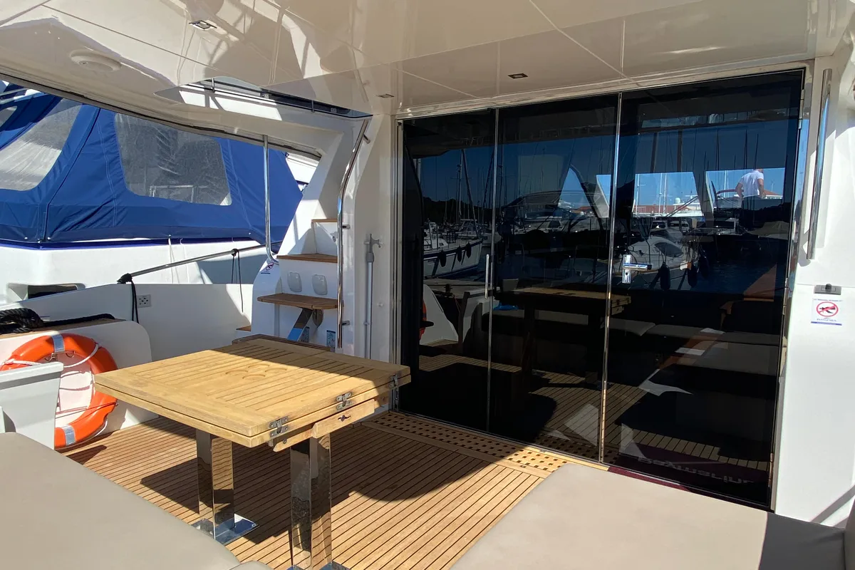 Deck of Gremix, a Galeon 550 Fly motor yacht at Grad Šibenik, Croatia