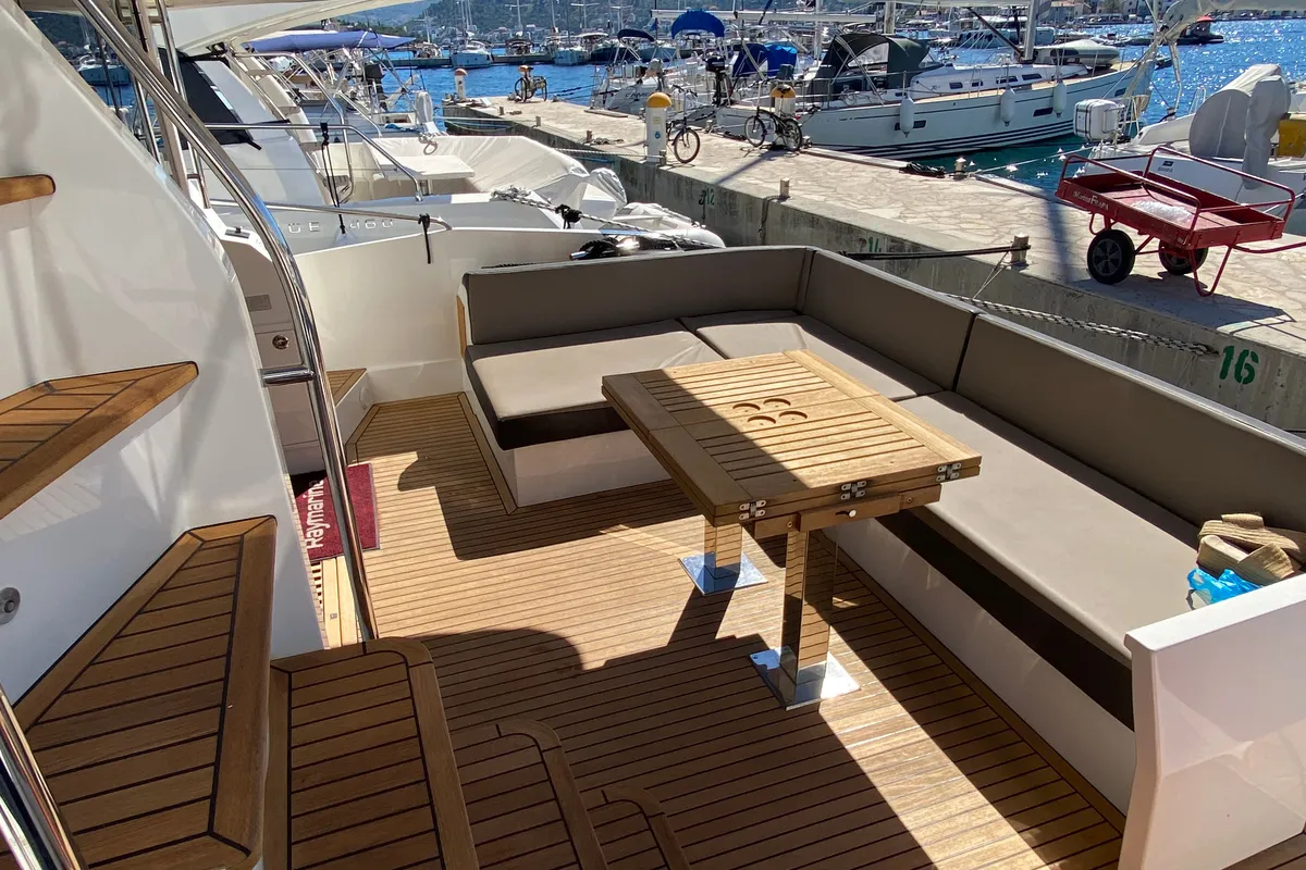 Deck of Gremix, a Galeon 550 Fly motor yacht at Grad Šibenik, Croatia