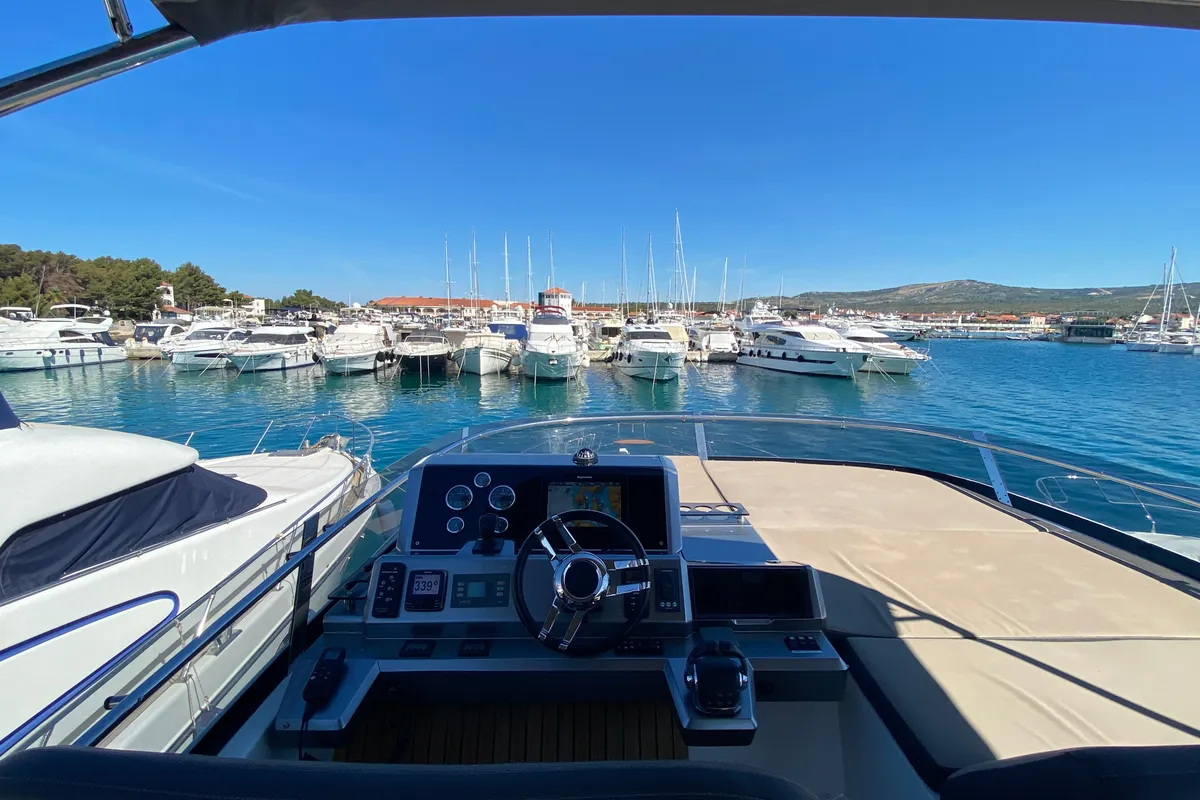 Head on Gremix, a Galeon 550 Fly motor yacht at Grad Šibenik, Croatia