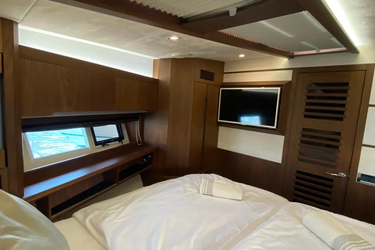 Exterior view of Gremix, a Galeon 550 Fly motor yacht at Grad Šibenik, Croatia