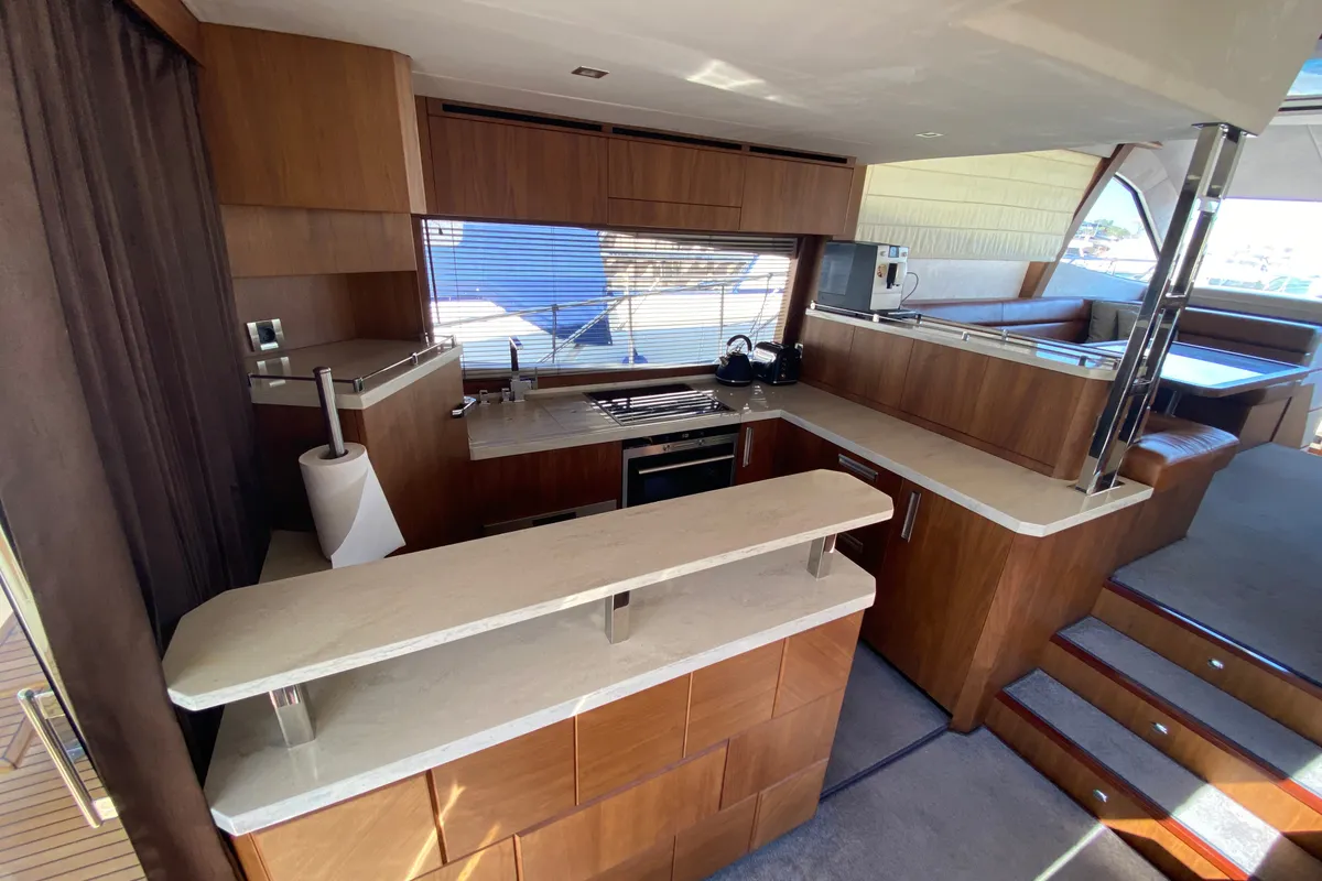 Exterior view of Gremix, a Galeon 550 Fly motor yacht at Grad Šibenik, Croatia