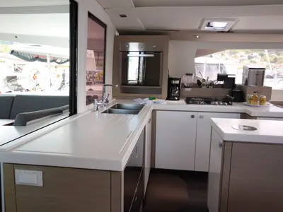 Galley of La Belle Vie, a Fountaine Pajot Saona 47 catamaran at Charlotte Amalie, United States