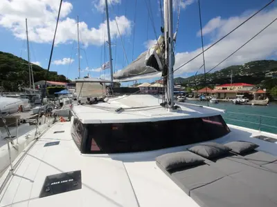 Deck of La Belle Vie, a Fountaine Pajot Saona 47 catamaran at Charlotte Amalie, United States