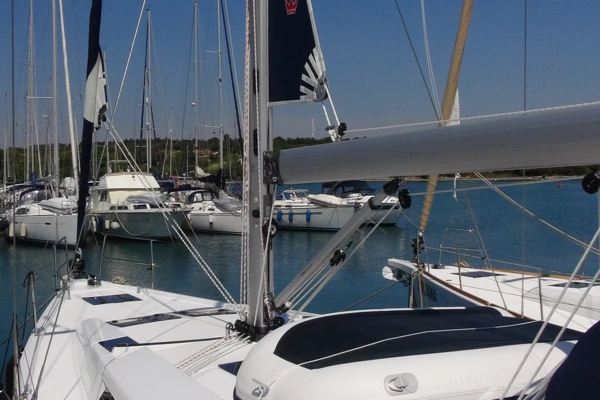 Deck of Vitae, a Hanse 455 sailboat at Medulin, Croatia