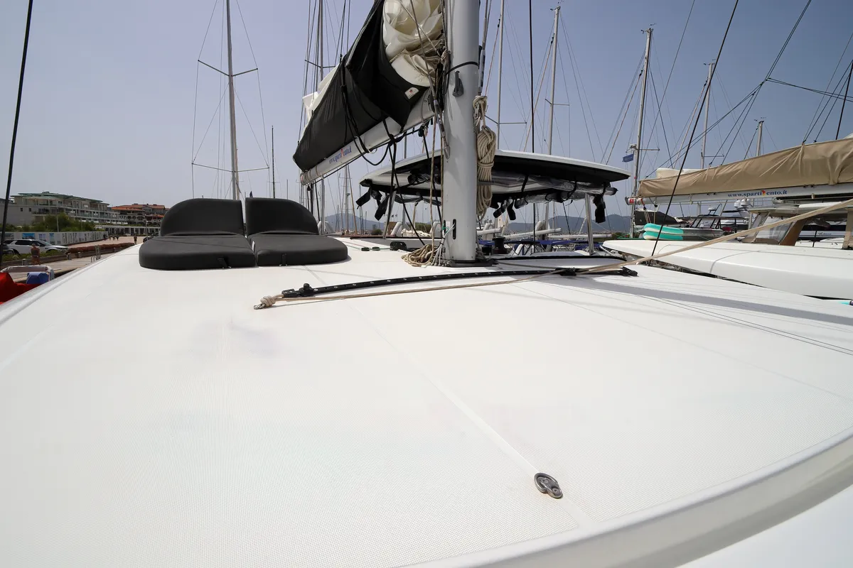 Deck of Sesamo, a Lagoon 46 catamaran at Olbia, Italy