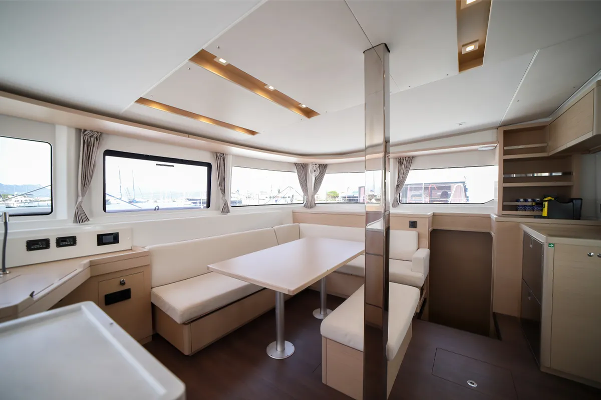 Salon of Sesamo, a Lagoon 46 catamaran at Olbia, Italy