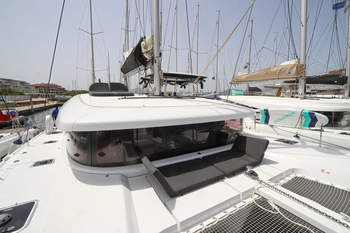 Deck of Sesamo, a Lagoon 46 catamaran at Olbia, Italy