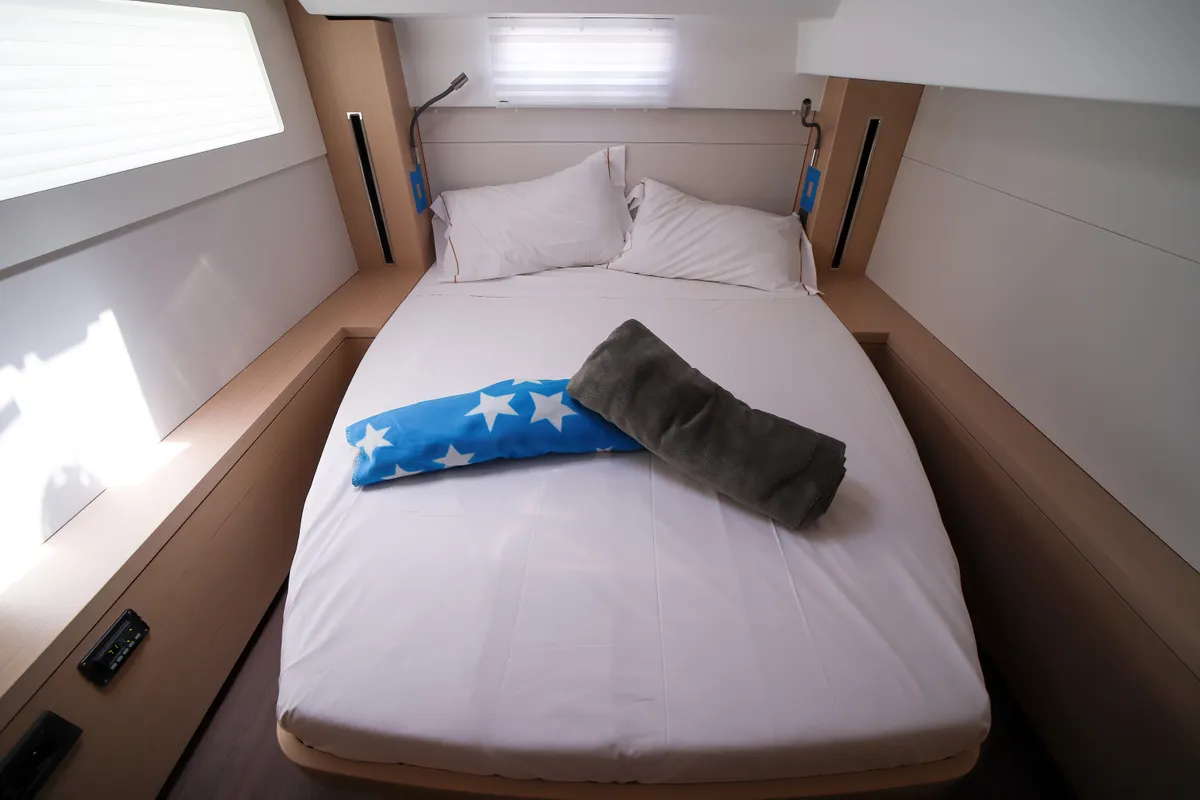 Cabin on Sesamo, a Lagoon 46 catamaran at Olbia, Italy