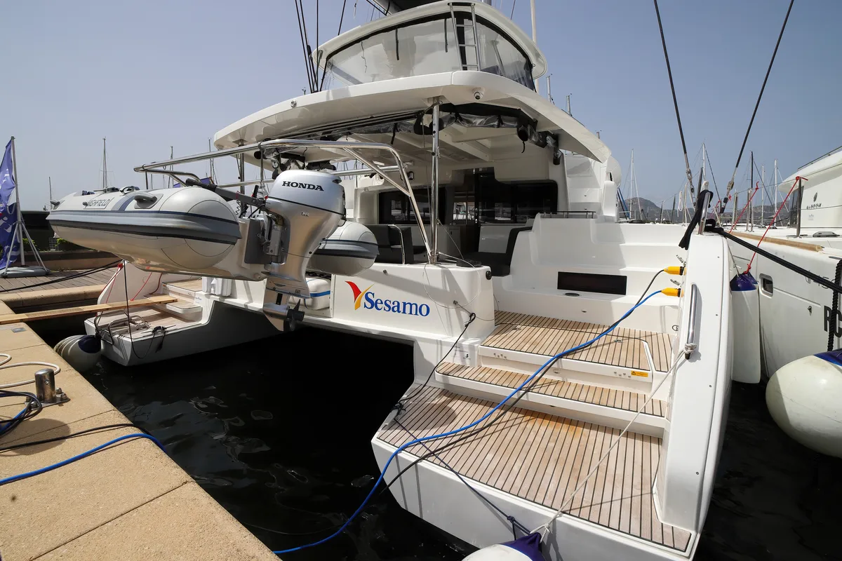 Exterior view of Sesamo, a Lagoon 46 catamaran at Olbia, Italy