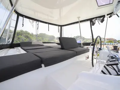 Cockpit of Sesamo, a Lagoon 46 catamaran at Olbia, Italy