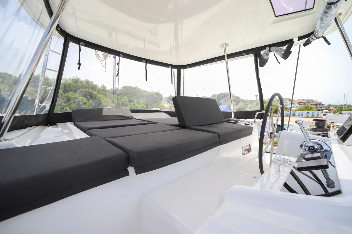 Cockpit of Sesamo, a Lagoon 46 catamaran at Olbia, Italy