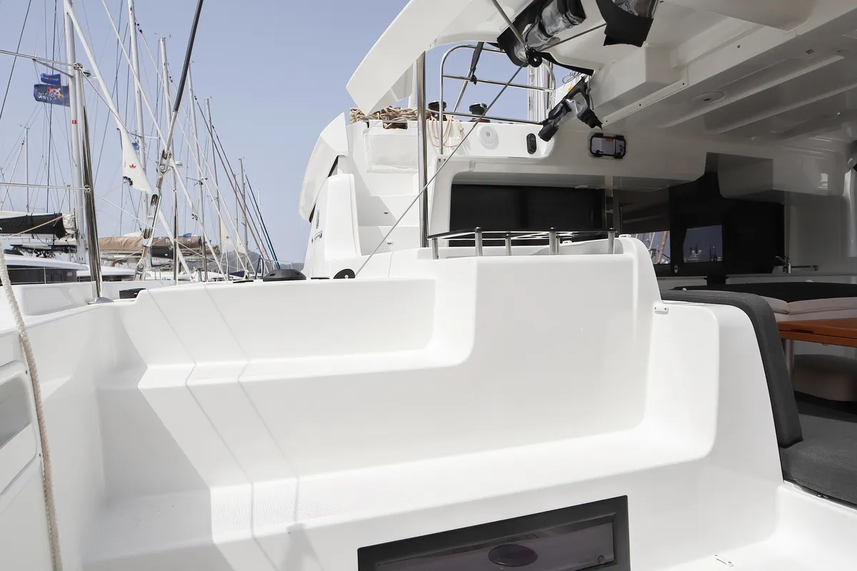 Deck of Sesamo, a Lagoon 46 catamaran at Olbia, Italy