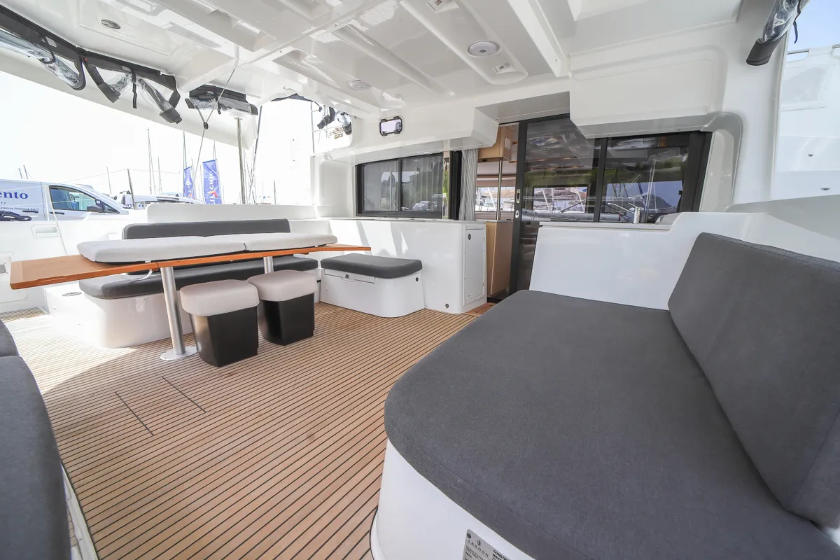Deck of Sesamo, a Lagoon 46 catamaran at Olbia, Italy