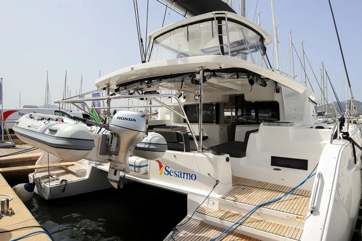 Exterior view of Sesamo, a Lagoon 46 catamaran at Olbia, Italy