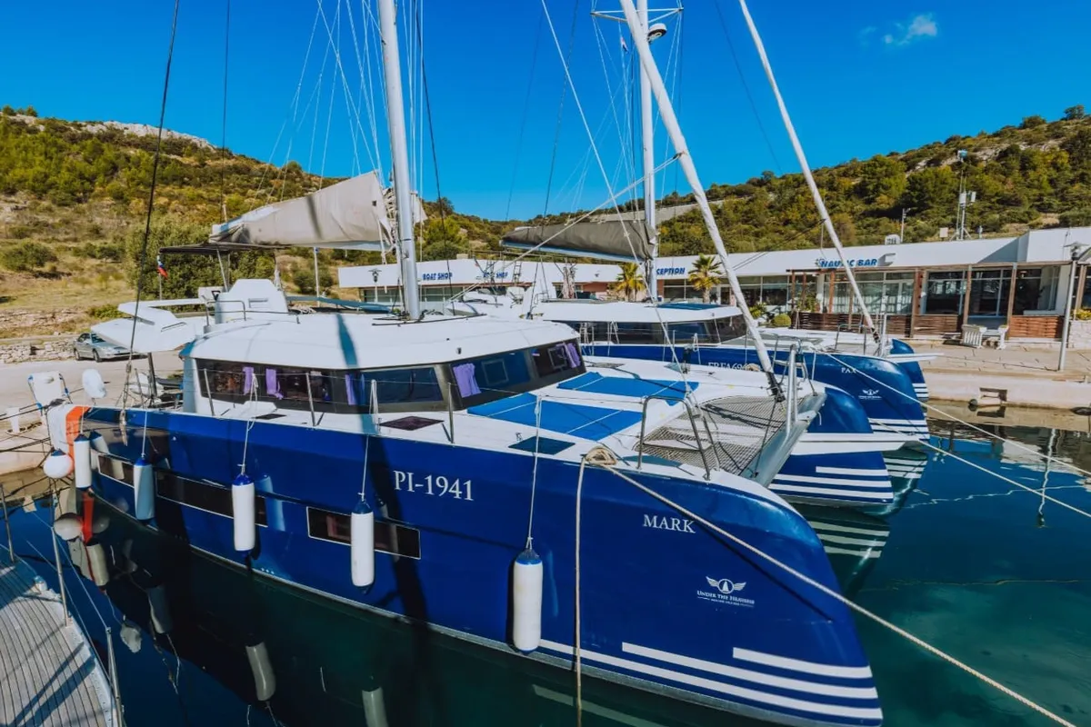 Exterior view of Mark, a Dufour 48 Catamaran catamaran at Primošten, Croatia