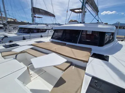 Deck of TURANDOT, a Bali Catspace catamaran at Sant Antoni de Portmany, Spain