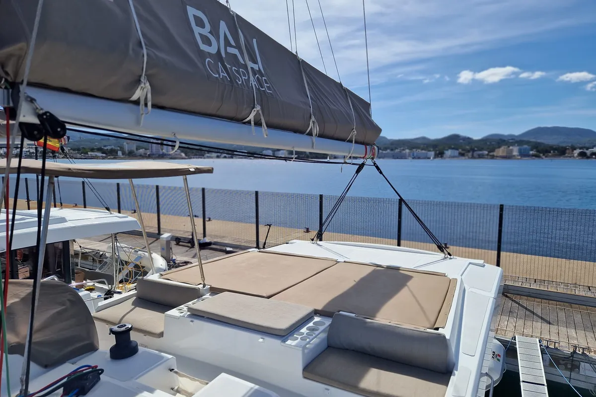 Deck of TURANDOT, a Bali Catspace catamaran at Sant Antoni de Portmany, Spain