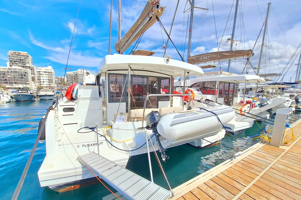 Exterior view of TURANDOT, a Bali Catspace catamaran at Sant Antoni de Portmany, Spain