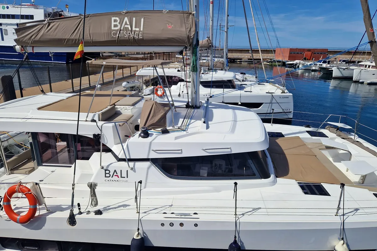 Exterior view of TURANDOT, a Bali Catspace catamaran at Sant Antoni de Portmany, Spain