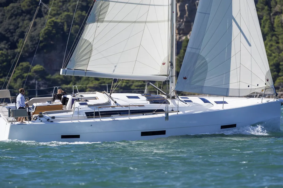 Exterior view of Alma Libre X, a Dufour 430 sailboat at Municipal Unit of Lefkada, Greece