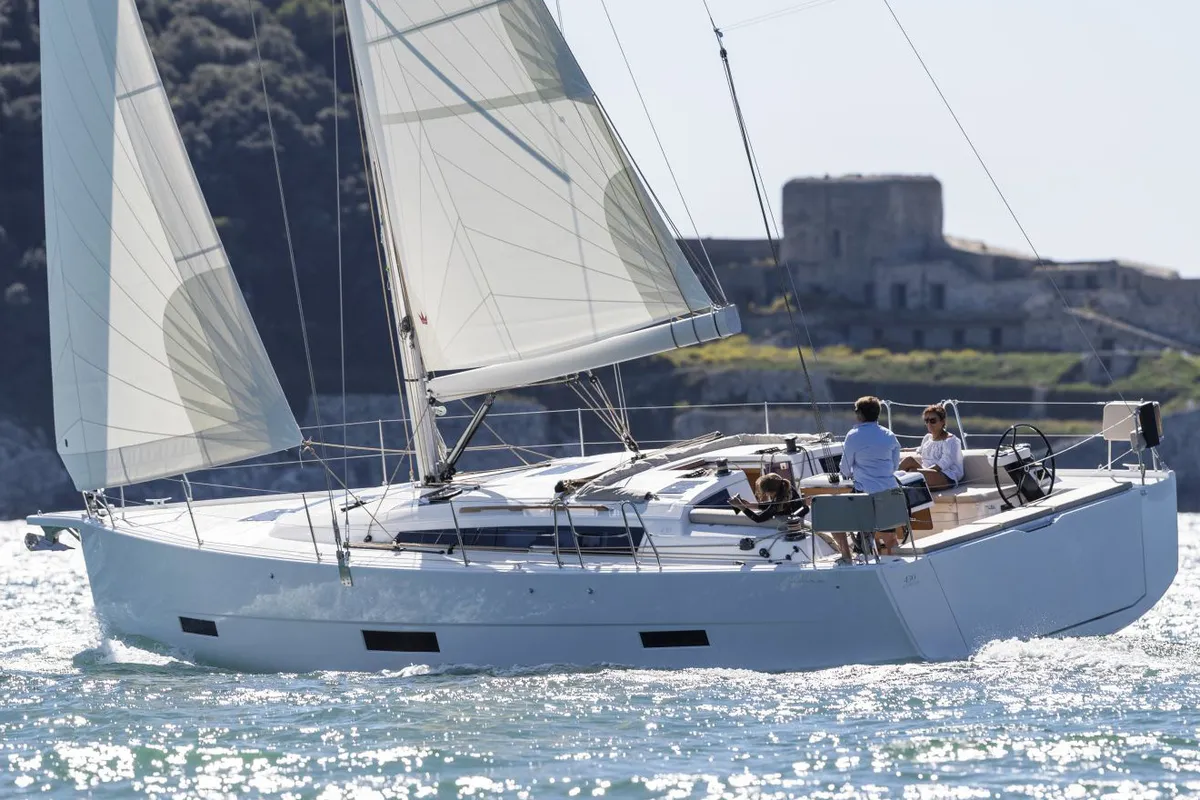 Exterior view of Alma Libre X, a Dufour 430 sailboat at Municipal Unit of Lefkada, Greece