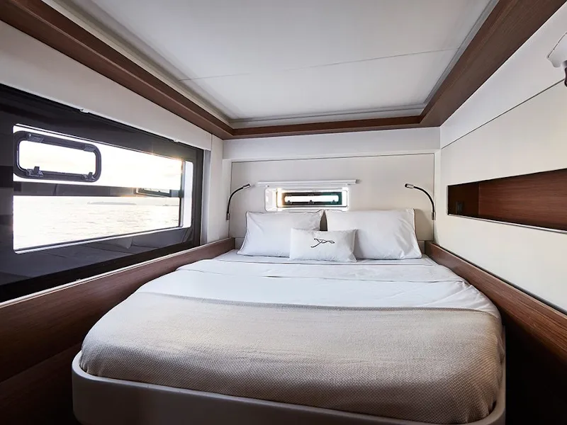 Cabin on IQ, a Nautitech 46 Fly catamaran at Athens, Greece