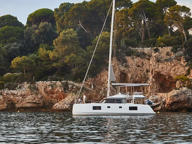 Exterior view of IQ, a Nautitech 46 Fly catamaran at Athens, Greece