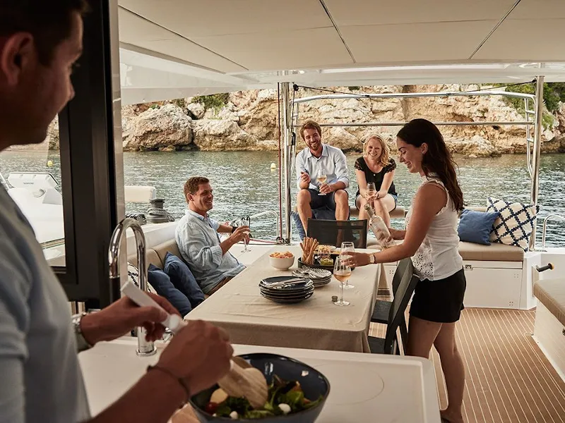 Deck of IQ, a Nautitech 46 Fly catamaran at Athens, Greece