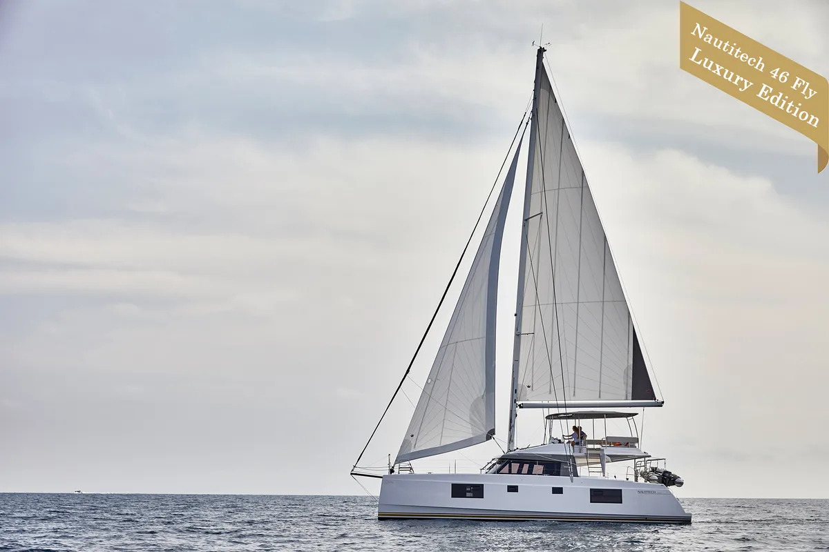 Exterior view of IQ, a Nautitech 46 Fly catamaran at Athens, Greece