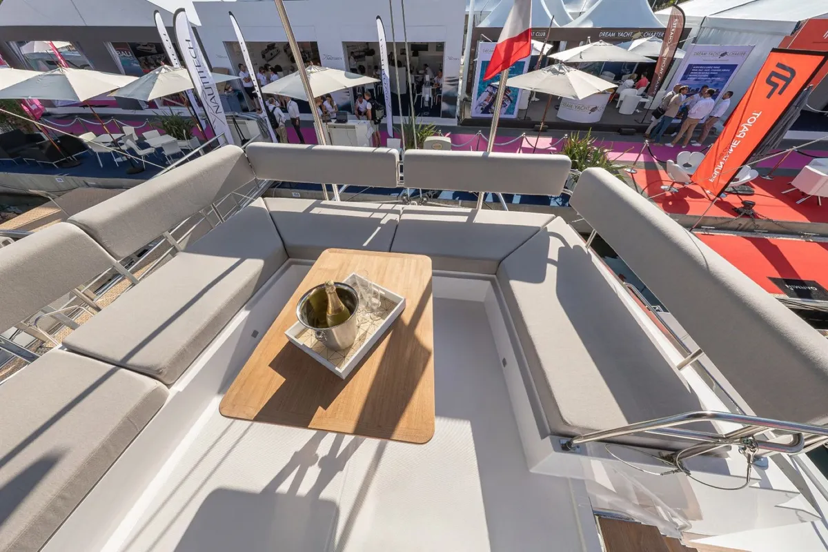 Deck of IQ, a Nautitech 46 Fly catamaran at Athens, Greece