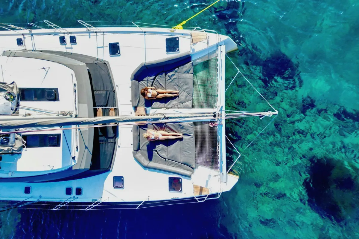 Exterior view of IQ, a Nautitech 46 Fly catamaran at Athens, Greece