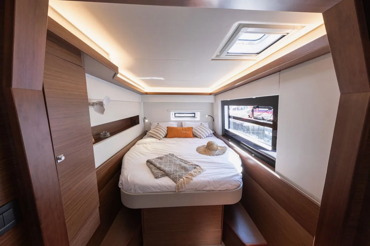 Cabin on IQ, a Nautitech 46 Fly catamaran at Athens, Greece