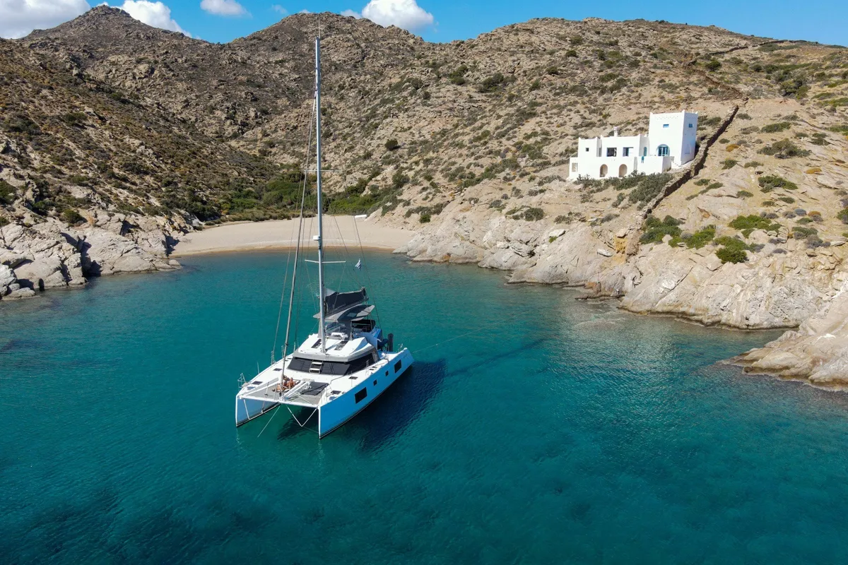Exterior view of IQ, a Nautitech 46 Fly catamaran at Athens, Greece