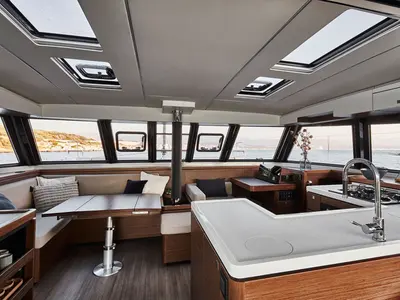 Salon of IQ, a Nautitech 46 Fly catamaran at Athens, Greece