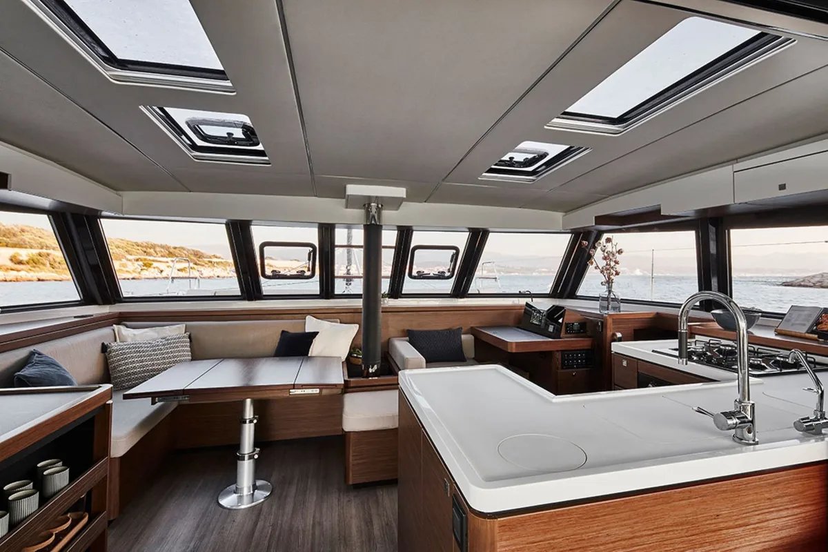 Salon of IQ, a Nautitech 46 Fly catamaran at Athens, Greece