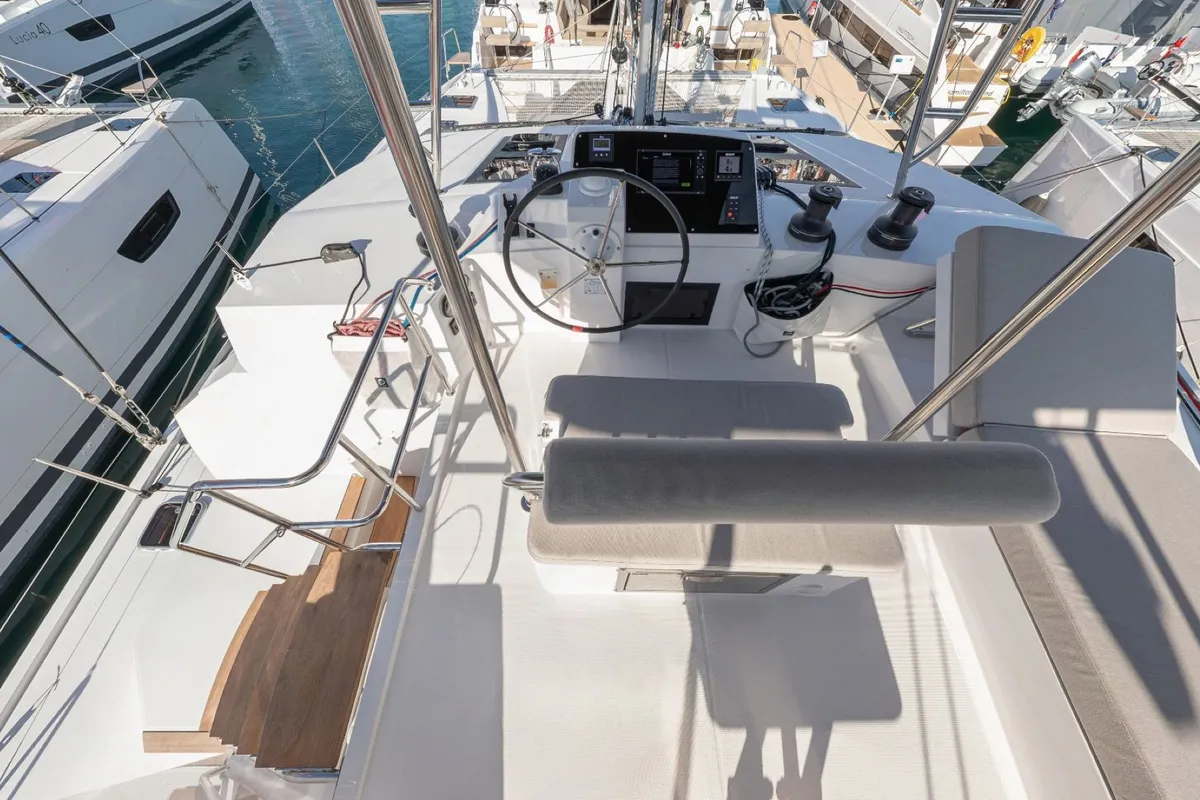 Cockpit of IQ, a Nautitech 46 Fly catamaran at Athens, Greece
