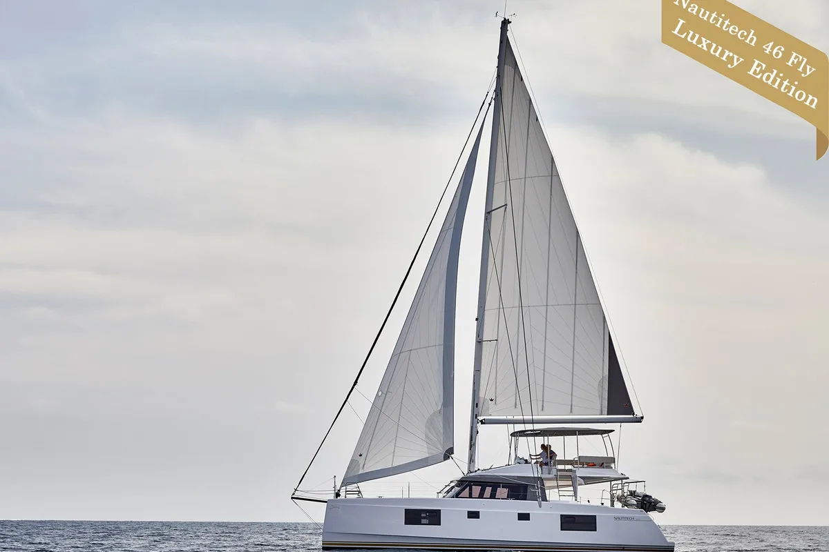 Exterior view of IQ, a Nautitech 46 Fly catamaran at Athens, Greece