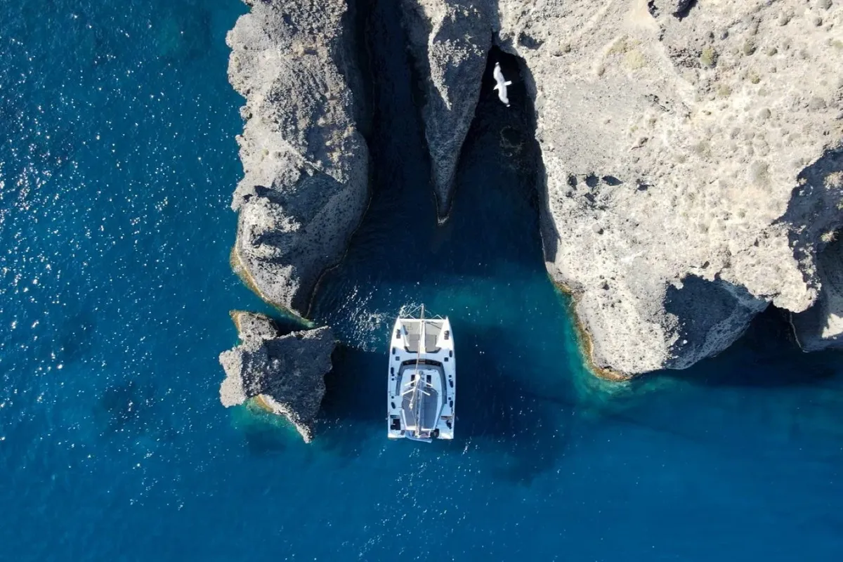 Exterior view of IQ, a Nautitech 46 Fly catamaran at Athens, Greece