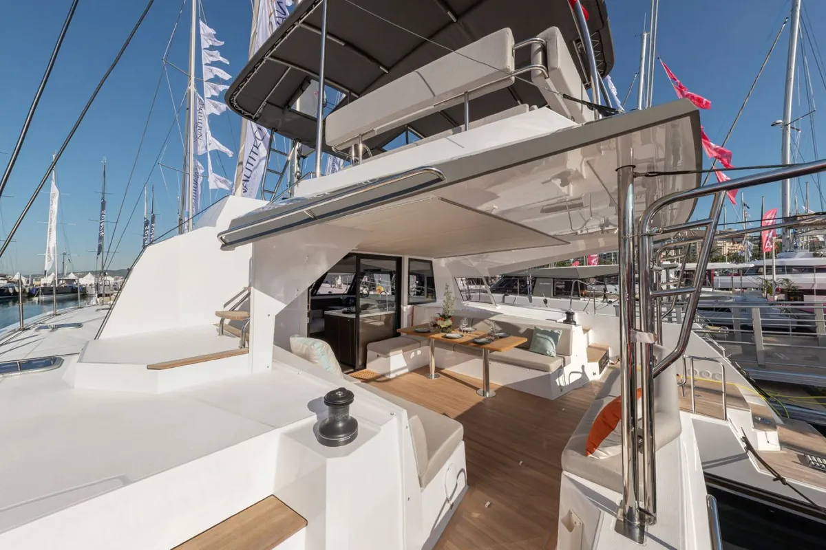 Deck of IQ, a Nautitech 46 Fly catamaran at Athens, Greece