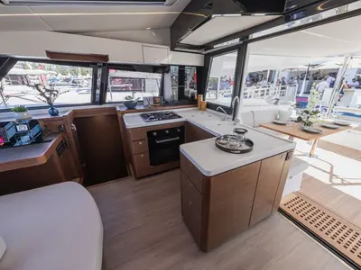 Galley of IQ, a Nautitech 46 Fly catamaran at Athens, Greece