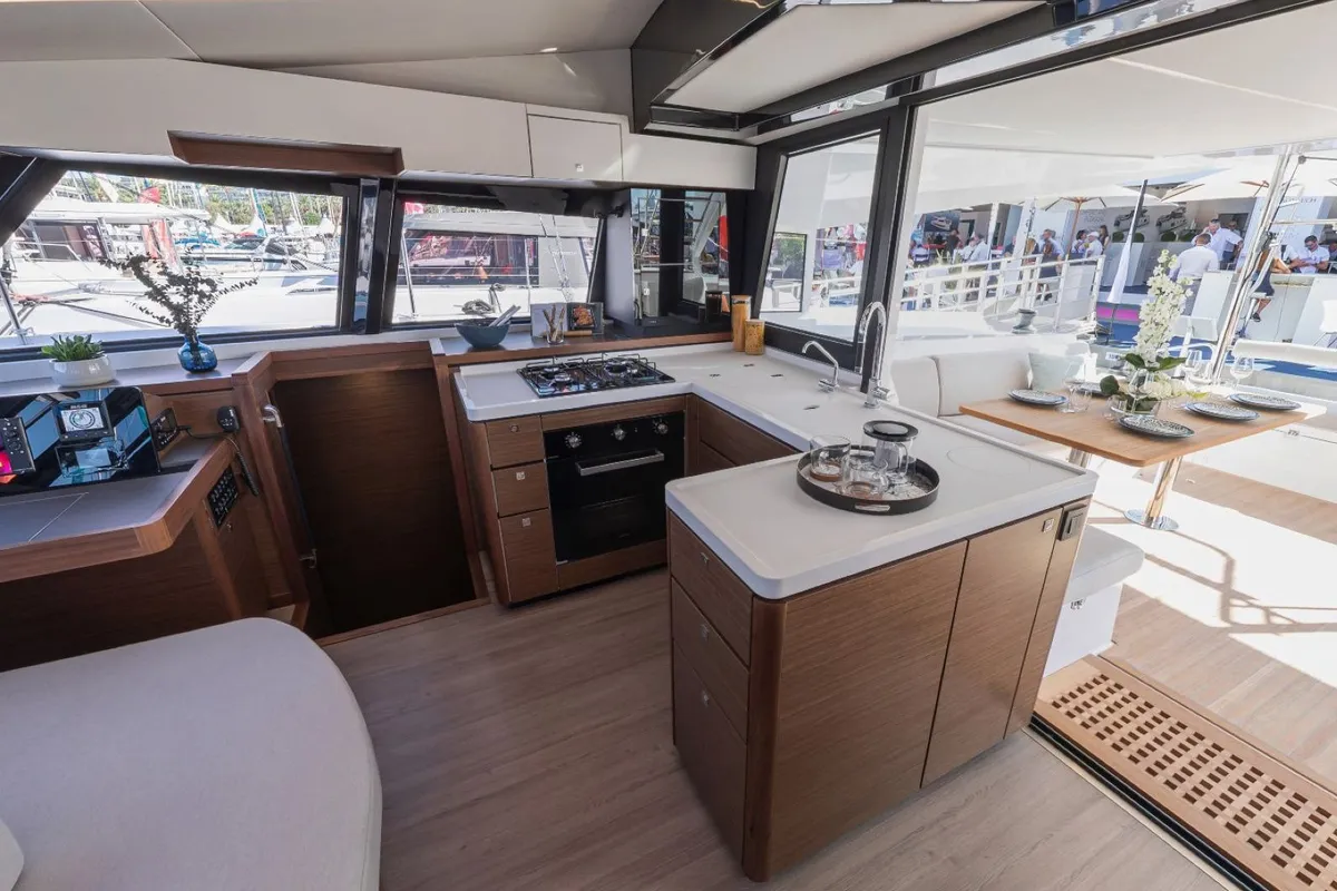 Galley of IQ, a Nautitech 46 Fly catamaran at Athens, Greece