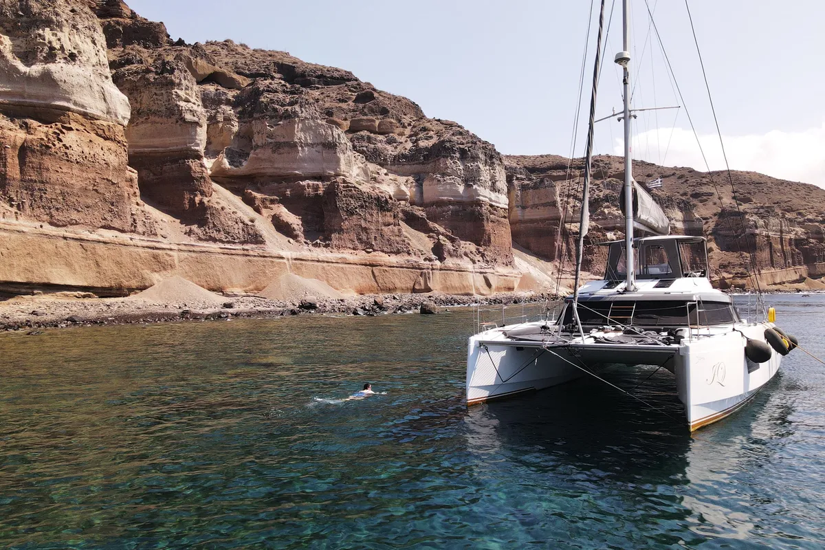 Exterior view of IQ, a Nautitech 46 Fly catamaran at Athens, Greece