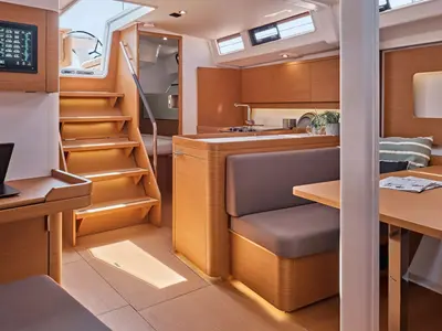 Salon of Kuroneko, a Beneteau First 44 sailboat at Lavrion, Greece