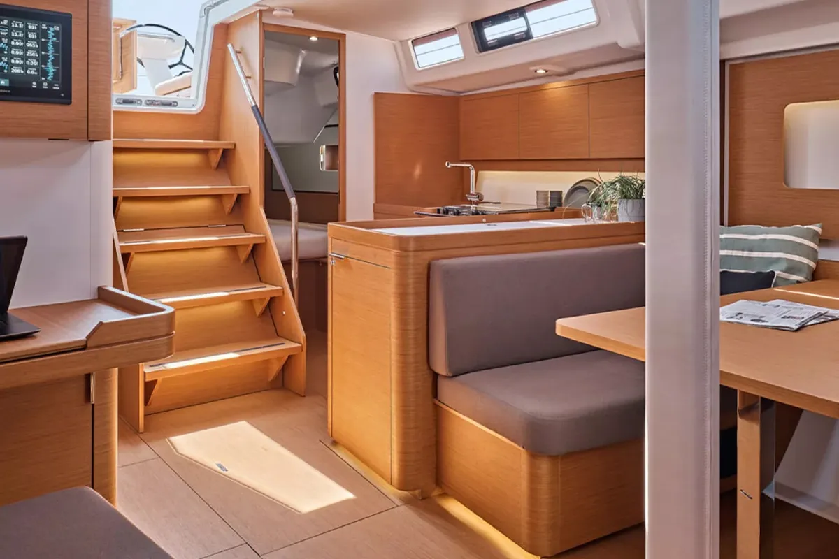 Salon of Kuroneko, a Beneteau First 44 sailboat at Lavrion, Greece