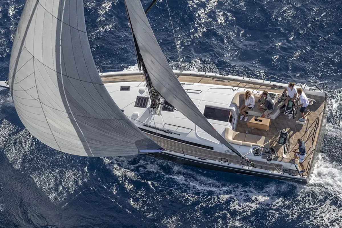 Exterior view of Kuroneko, a Beneteau First 44 sailboat at Lavrion, Greece
