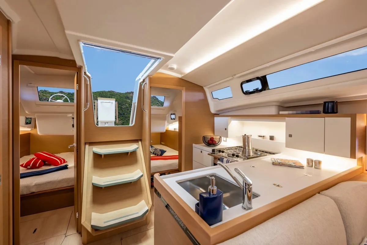 Galley of Akita, a Jeanneau Sun Odyssey 415 sailboat at Kontokali, Greece