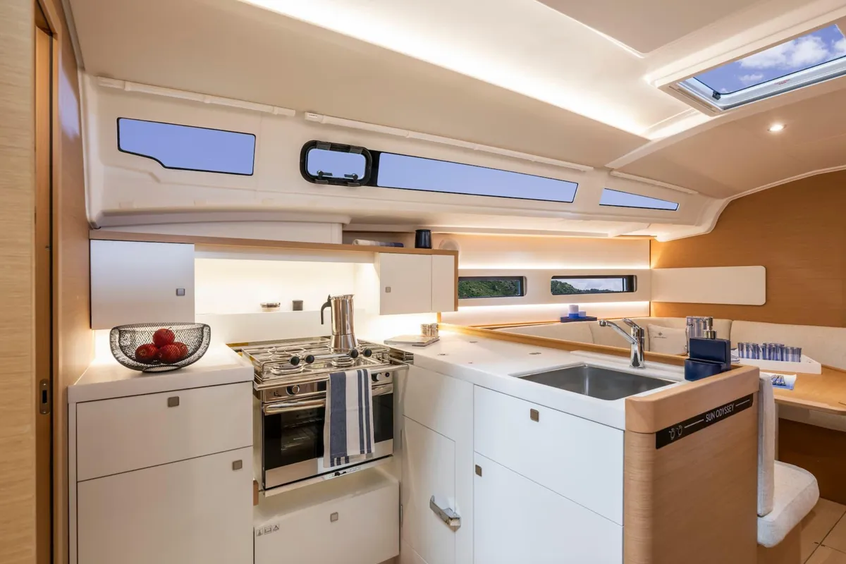 Galley of Akita, a Jeanneau Sun Odyssey 415 sailboat at Kontokali, Greece
